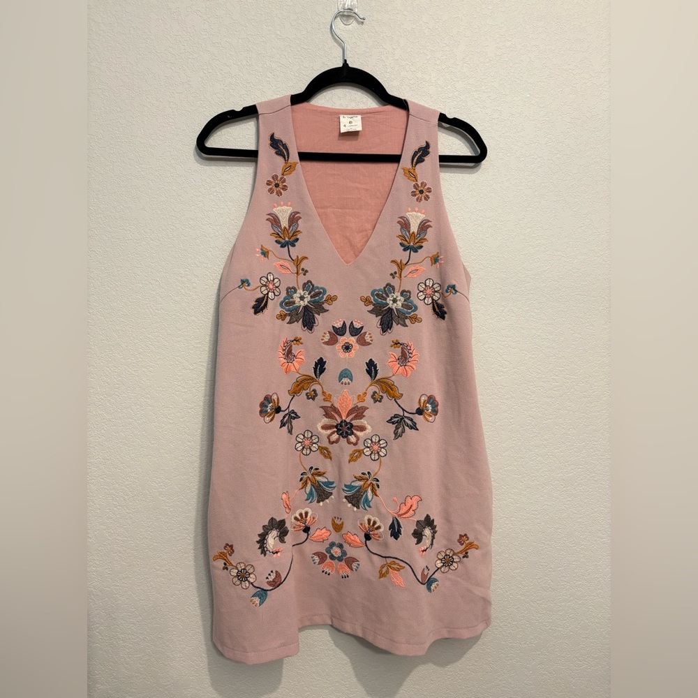 By Together Embroidered Boho Tunic Dress Pink Floral V-Neck Festival Medium